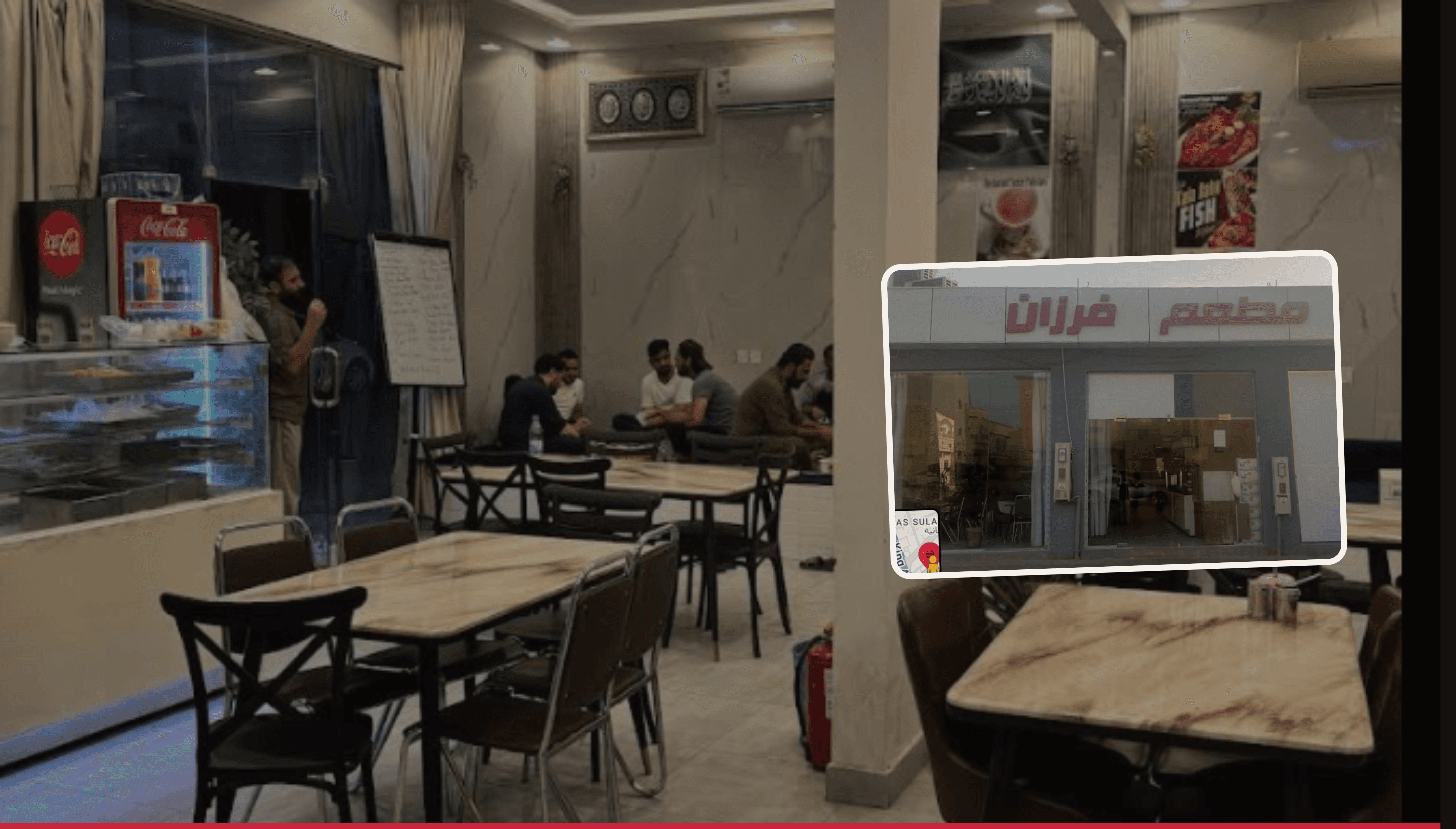 Inside Farzan Restaurant, with the storefront sign